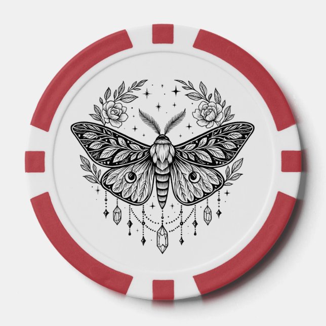 Mystical Gothic Moth Botanical Celestial Line Art  Poker Chips (Front)