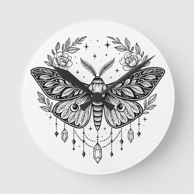 Mystical Gothic Moth Botanical Celestial Line Art Round Clock (Front)