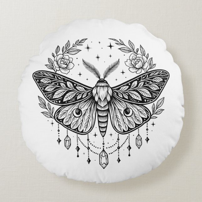 Mystical Gothic Moth Botanical Celestial Line Art  Round Cushion (Front)