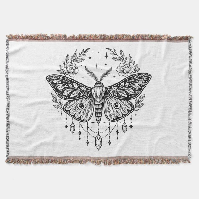 Mystical Gothic Moth Botanical Celestial Line Art Throw Blanket (Front)