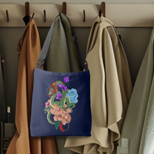 Mystical Green Chinese Dragon Floral Navy Blue Crossbody Bag