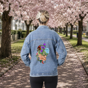 Mystical Green Chinese Dragon Floral Navy Blue Denim Jacket