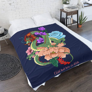 Mystical Green Chinese Dragon Floral Navy Blue Fleece Blanket