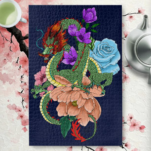 Mystical Green Chinese Dragon Floral Navy Blue Jigsaw Puzzle
