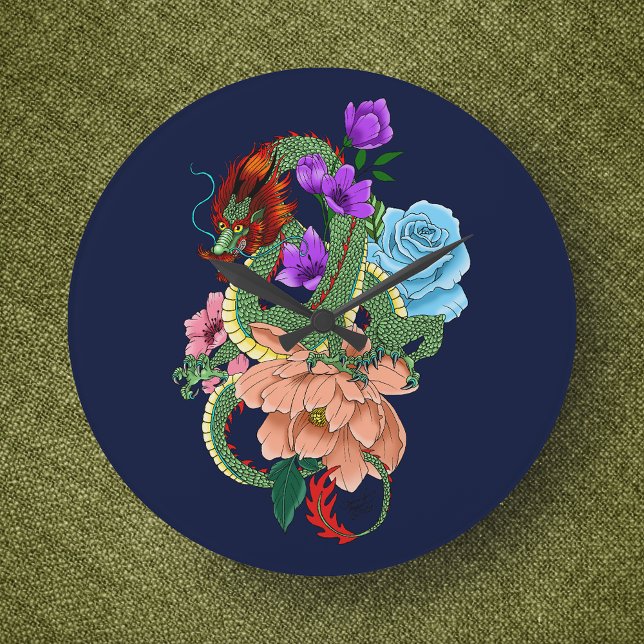 Mystical Green Chinese Dragon Floral Navy Blue Large Clock (Creator Uploaded)