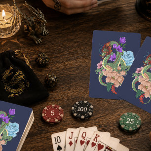 Mystical Green Chinese Dragon Floral Navy Blue Playing Cards