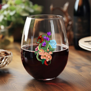 Mystical Green Chinese Dragon Floral Navy Blue Stemless Wine Glass