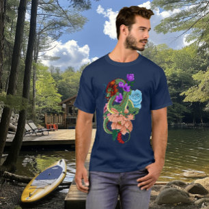 Mystical Green Chinese Dragon Floral Navy Blue T-Shirt