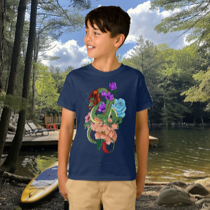 Mystical Green Chinese Dragon Floral Navy Blue T-Shirt