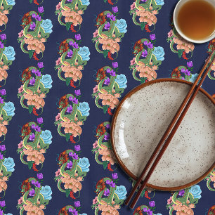 Mystical Green Chinese Dragon Floral Navy Blue Tablecloth