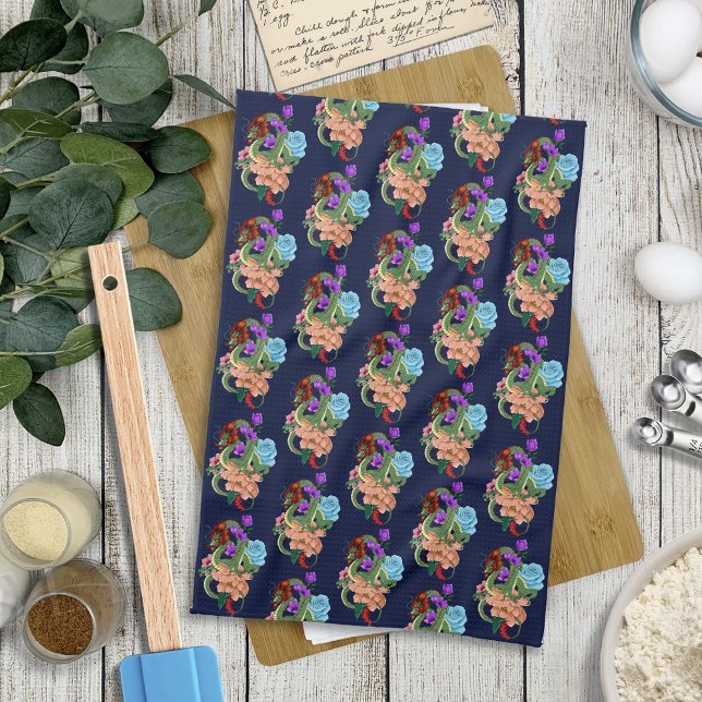 Mystical Green Chinese Dragon Floral Navy Blue Tea Towel (Creator Uploaded)