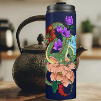 Mystical Green Chinese Dragon Floral Navy Blue