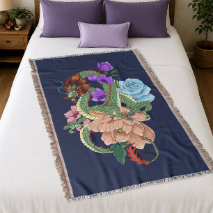 Mystical Green Chinese Dragon Floral Navy Blue Throw Blanket