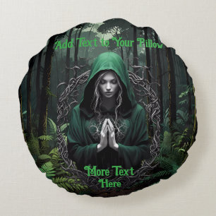 Mystical Green Figure in moody Woods Praying Round Cushion