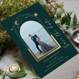 Mystical Green Gold Celestial Two Photo Wedding Save The Date