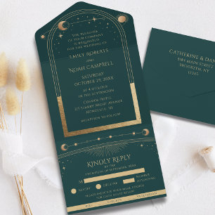 Mystical Green Gold Sun Moon Astronomy Space All In One Invitation