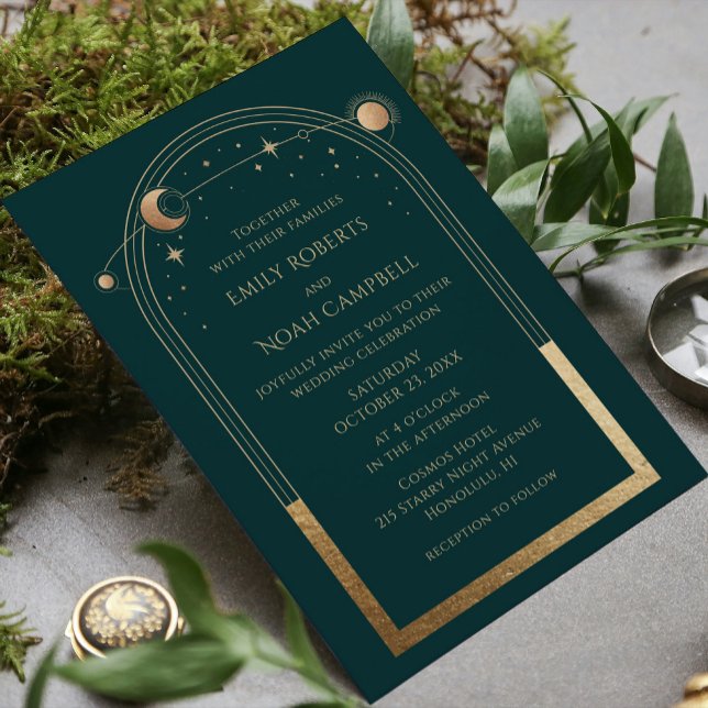 Mystical Green Gold Sun Moon Astronomy Space Invitation (Creator Uploaded)