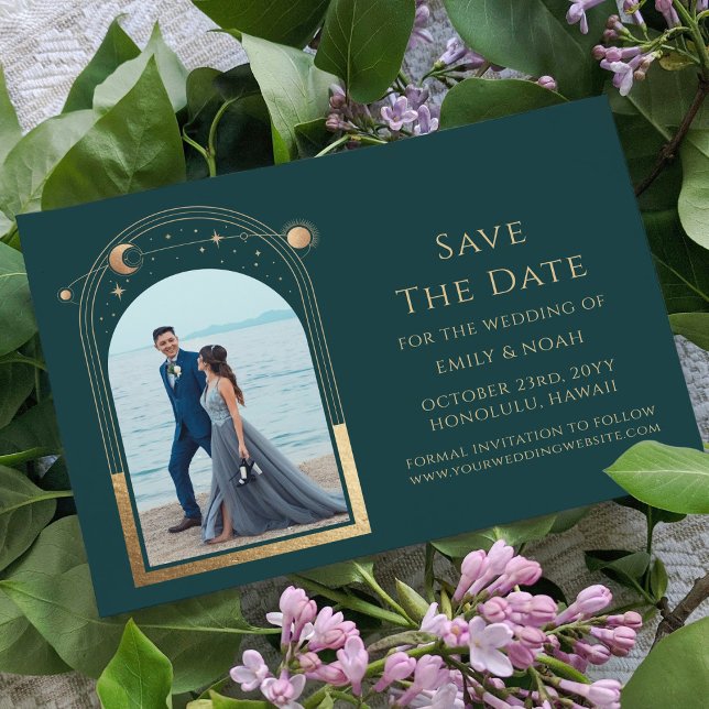 Mystical Green Gold Sun Moon Star Space Save The Date (Creator Uploaded)