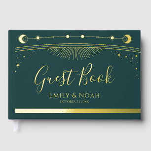 Mystical Green Gold Sun Moon Stars Wedding Guest Book