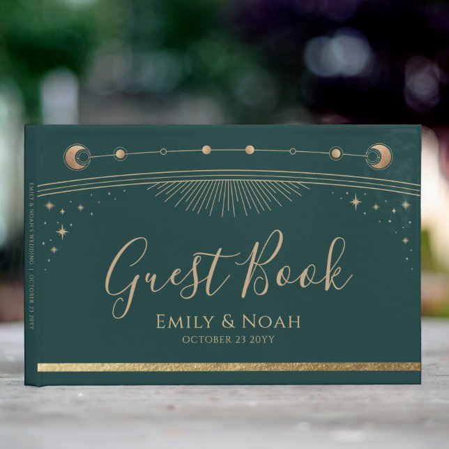 Mystical Green Gold Sun Moon Stars Wedding Guest Book (InSitu Outside)