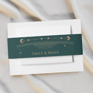 Mystical Green Gold Sun Moon Stars Wedding  Invitation Belly Band