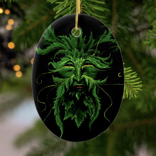 Mystical Greenman Forest Spirit Leaf Face Fantasy Ceramic Tree Decoration