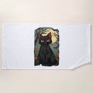 Mystical Halloween Black Cat Art - Spooky Feline w Beach Towel