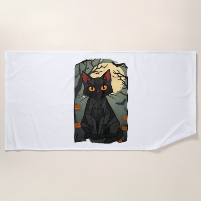 Mystical Halloween Black Cat Art - Spooky Feline w Beach Towel (Front)