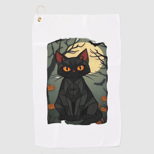 Mystical Halloween Black Cat Art - Spooky Feline w Golf Towel (Front)