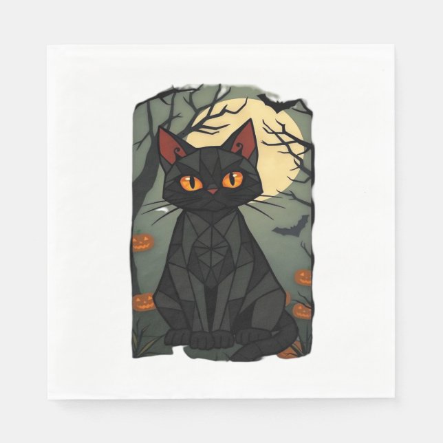 Mystical Halloween Black Cat Art - Spooky Feline w Napkin (Front)