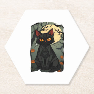 Mystical Halloween Black Cat Art - Spooky Feline w Paper Coaster