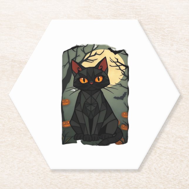 Mystical Halloween Black Cat Art - Spooky Feline w Paper Coaster (Front)