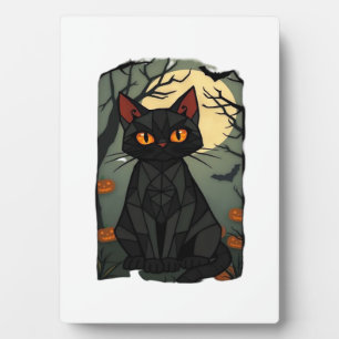 Mystical Halloween Black Cat Art - Spooky Feline w Plaque