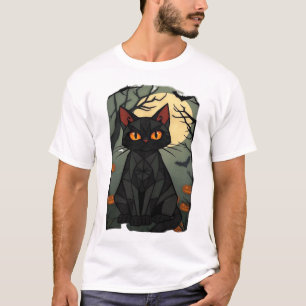 Mystical Halloween Black Cat Art - Spooky Feline w T-Shirt