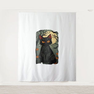 Mystical Halloween Black Cat Art - Spooky Feline w Tapestry