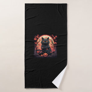 Mystical Halloween_ Black Cat, Pumpkins, Great Wav Bath Towel