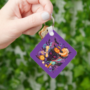 Mystical Halloween Witch and Pumpkin Key Ring