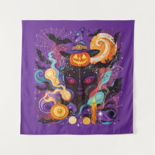 Mystical Halloween Witch and Pumpkin Tapestry