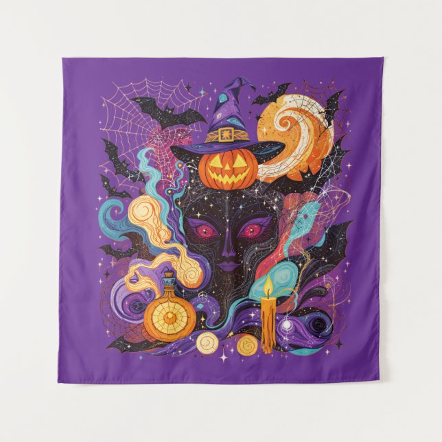 Mystical Halloween Witch and Pumpkin Tapestry (Front)