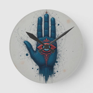 Mystical Hand Illustration with Red Eye Round Clock