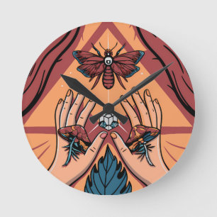 Mystical Hands Offering Fungi to Moth Spirit Round Clock