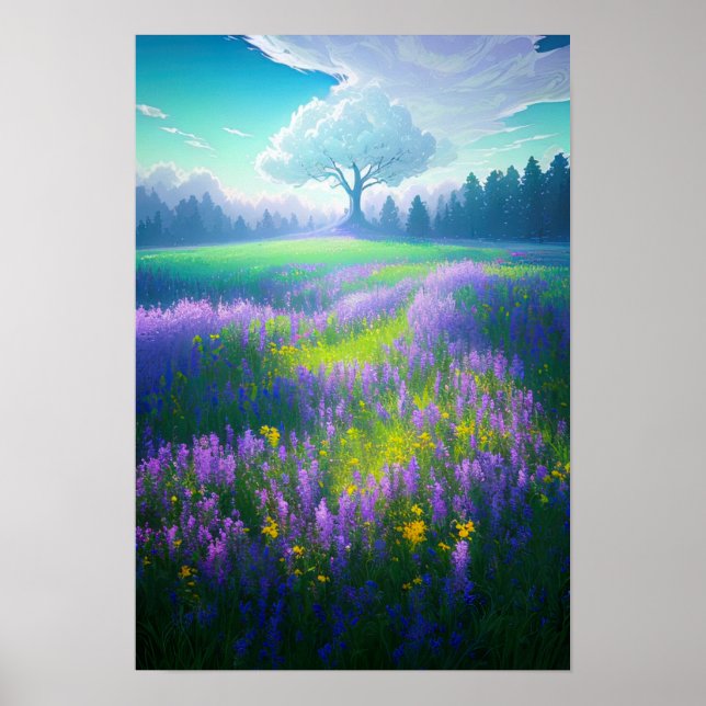 Mystical Hillside, Enchanting White Tree Poster (Front)