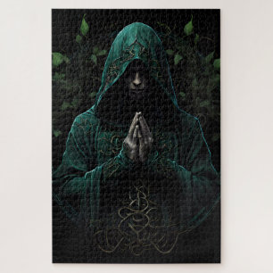 Mystical Hooded Figure in Green Praying Jigsaw Puzzle