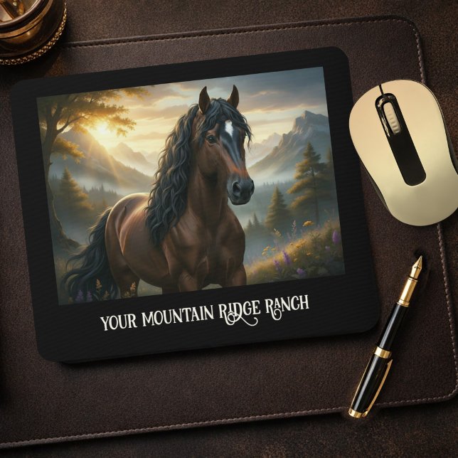 Mystical Horse Custom Name Mountain Ranch  Mouse Mat (Equestrian mouse pad featuring a unique painting of a horse in a mountain landscape at sunset)
