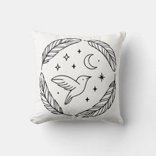 Mystical Hummingbird Line Art in Celestial Circle Cushion