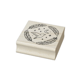 Mystical Hummingbird Line Art in Celestial Circle Rubber Stamp
