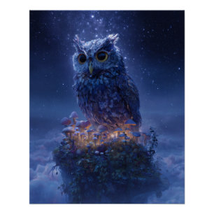 Mystical Ice Owl on Floating Island Fantasy Art Poster