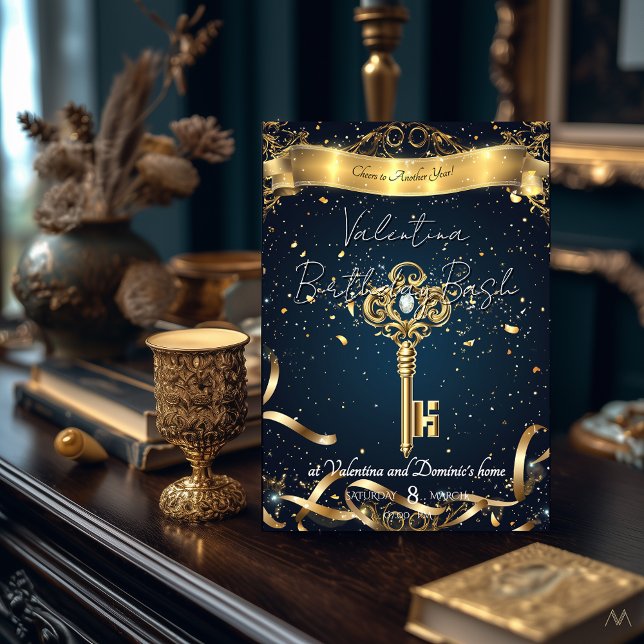 Mystical Key Birthday | Elegant Gold & Navy Invitation (Creator Uploaded)