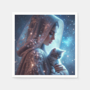 Mystical lady and kitten napkin