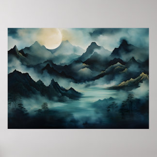Mystical Landscape: Moonlit Mountains, Fog, River Poster